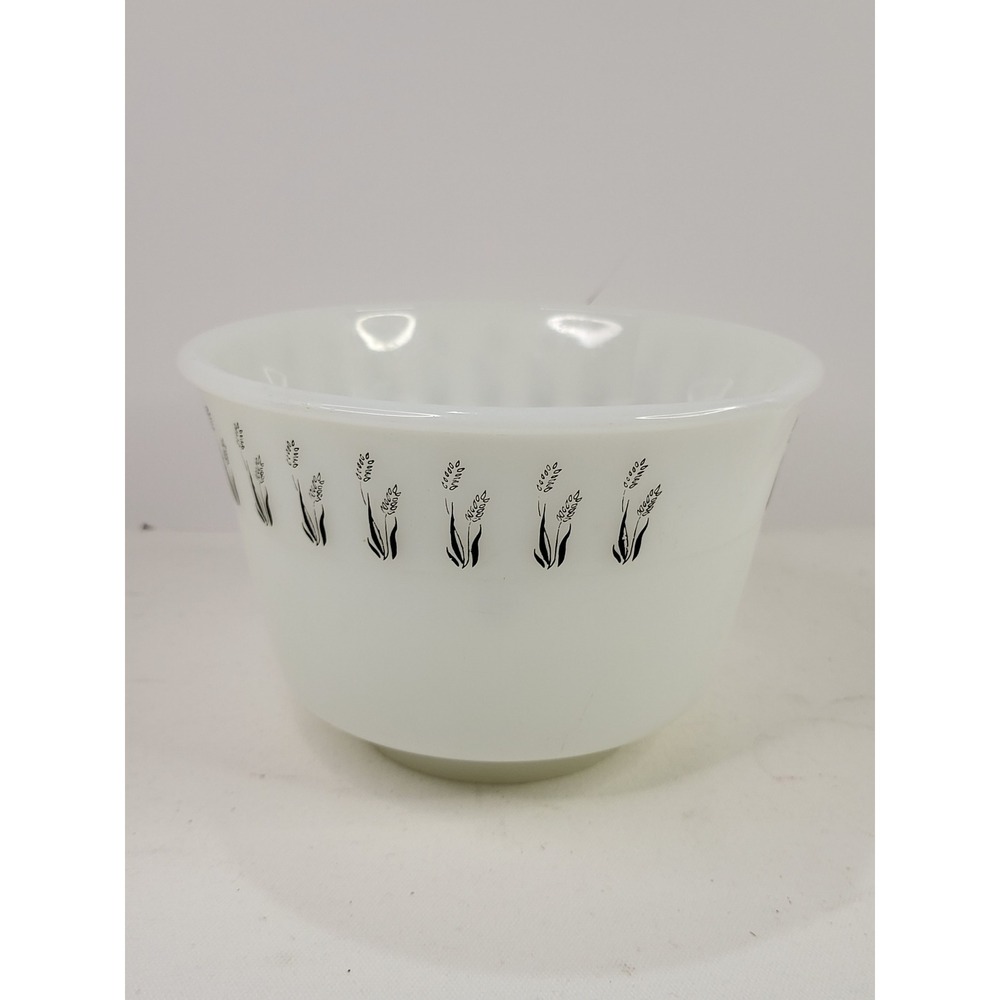 Vintage Milk Glass Mixing Bowl Black Wheat Pattern Mid Century Modern White
